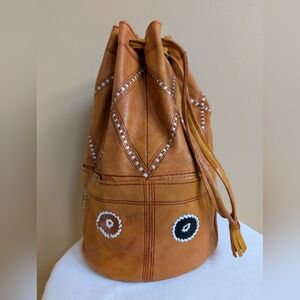 Moroccan Handmade Leather Boho Bucket Bag Brown Orange